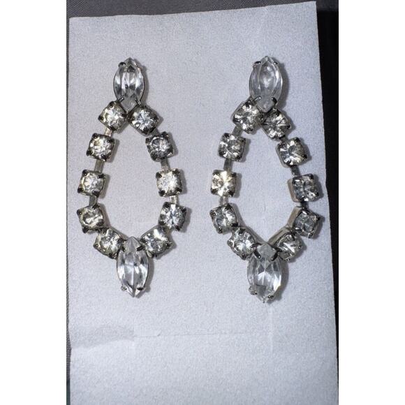 EARRINGS VTG 1950-1960s Era Sliver Dangle Setting Square & Almond Shapes Stones - Picture 7 of 11